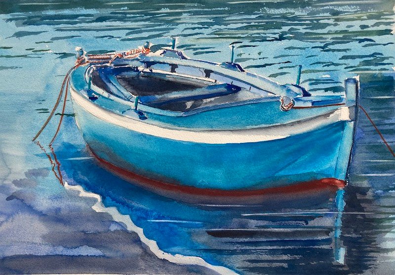 Aquarelle de Thomas Favier : La barque bleu Azur…
